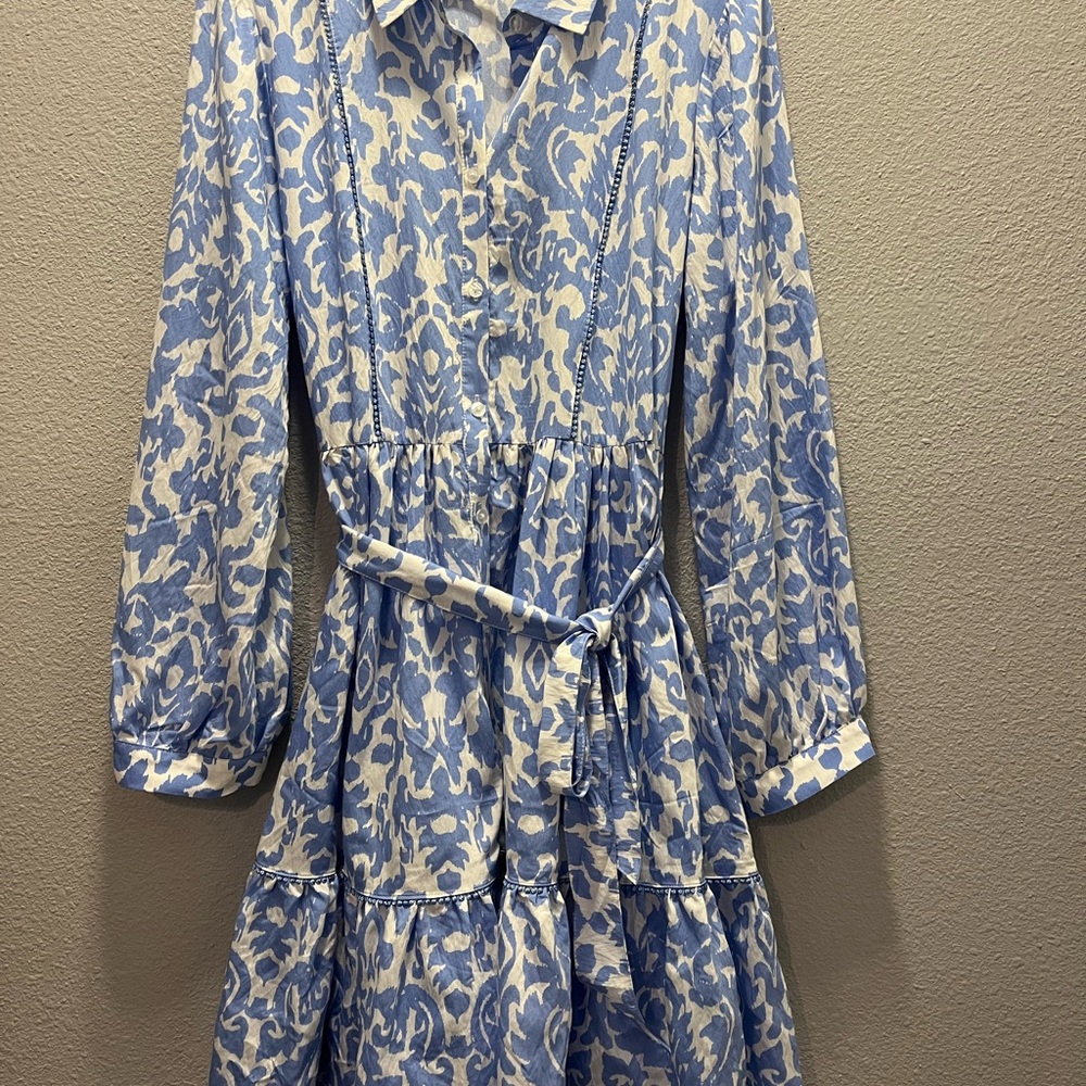 Ellen Tracy Womens Blue‎ Damask Long Sleeve Collar Dress Size L
